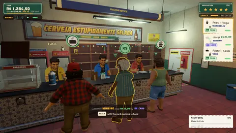 In-game screenshot: three players in different shirts behind the blue-tiled counter, with a line of customers and the order tickets on screen.