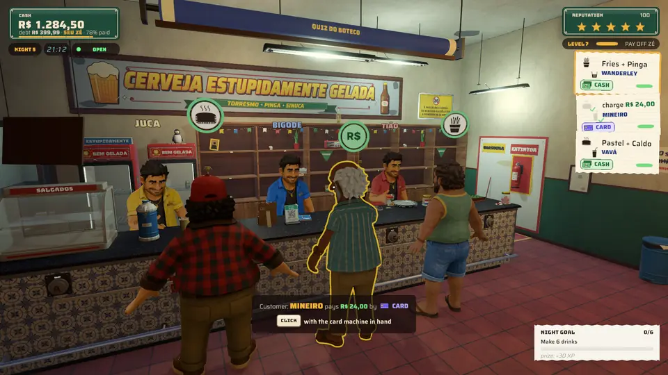 In-game screenshot: three players in different shirts behind the blue-tiled counter, with a line of customers and the order tickets on screen.