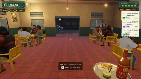 First-person in-game screenshot: carrying a tray with an order between the busy tables.