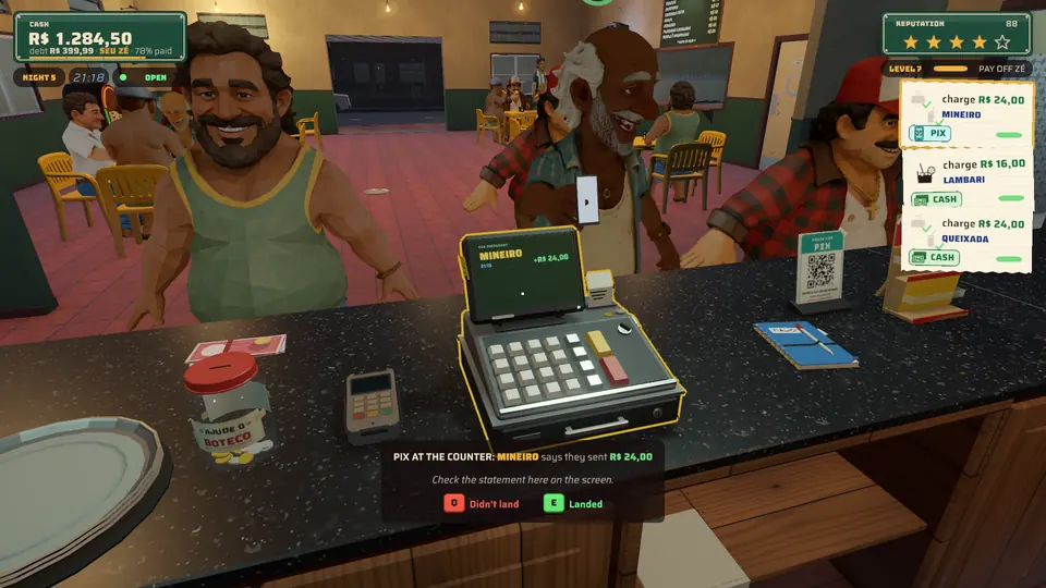 In-game screenshot: at the counter, a smiling older man pays by phone, and the R$ 24.00 Pix transfer shows up on the register screen.