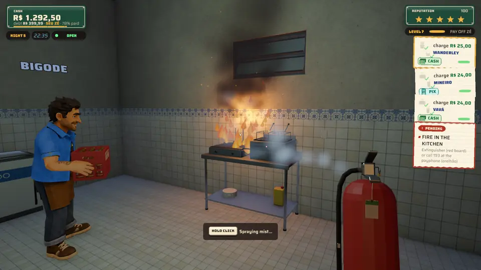 In-game screenshot: fire on the kitchen griddle and a player coming in with the extinguisher.