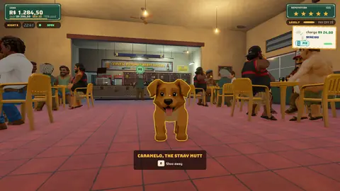 In-game screenshot: Caramelo, a caramel-colored stray dog, in the middle of the busy room.
