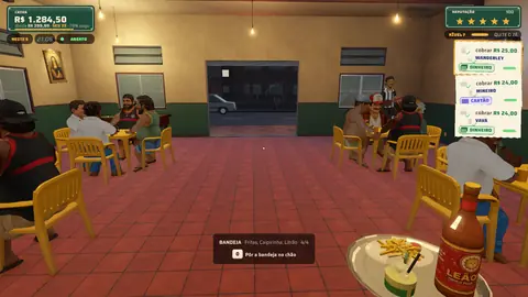 Captura do jogo em primeira pessoa: a bandeja com o pedido na mão, entre as mesas ocupadas do salão.