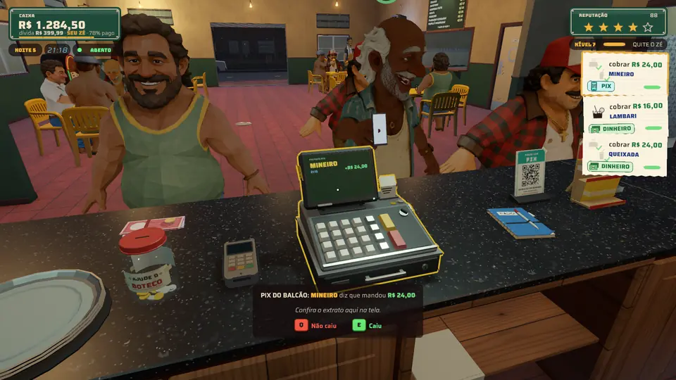 Captura do jogo: no balcão, um senhor sorridente paga com o celular, e o Pix de R$ 24,00 aparece na tela da registradora.