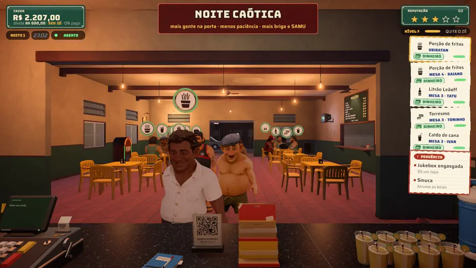 Captura do jogo: a placa NOITE CAÓTICA no alto, o bar lotado e cheio de pedidos, com clientes de tons de pele diferentes.