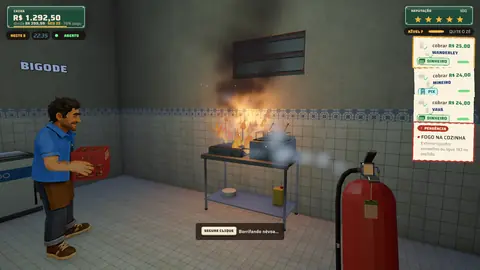 Captura do jogo: fogo na chapa da cozinha e um jogador chegando com o extintor.