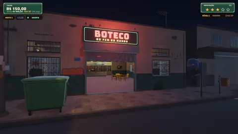 Captura do jogo: a fachada do boteco à noite, com o letreiro de neon e o salão vazio aparecendo pela porta.