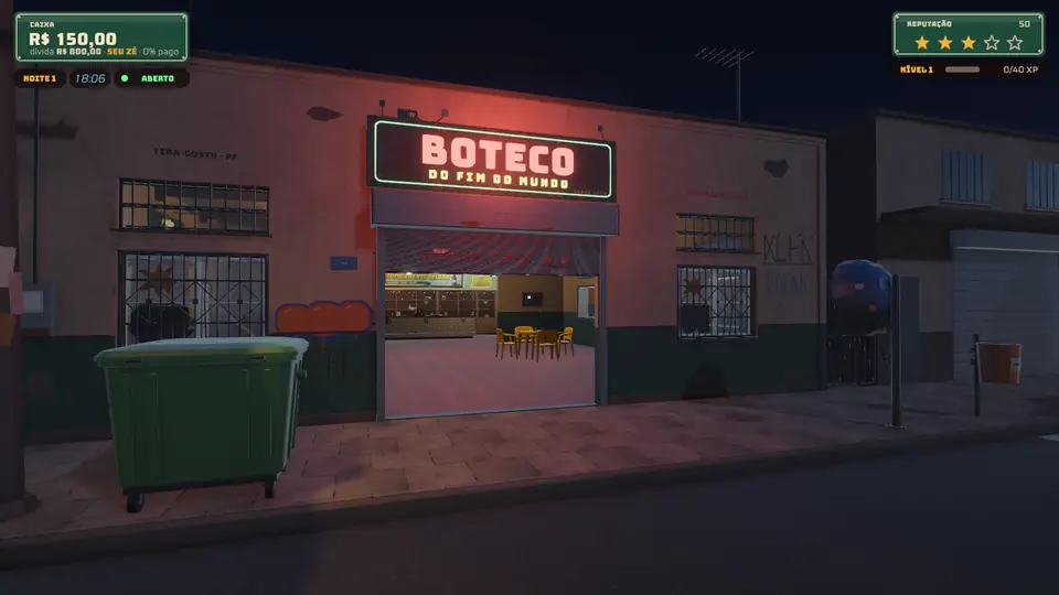 Captura do jogo: a fachada do boteco à noite, com o letreiro de neon e o salão vazio aparecendo pela porta.
