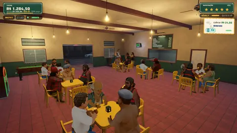 Captura do jogo: o salão reformado e lotado, com sinuca, palco, TV e as mesas de plástico cheias.