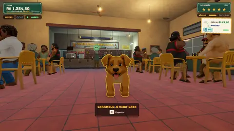 Captura do jogo: o Caramelo, um vira-lata caramelo, no meio do salão cheio.