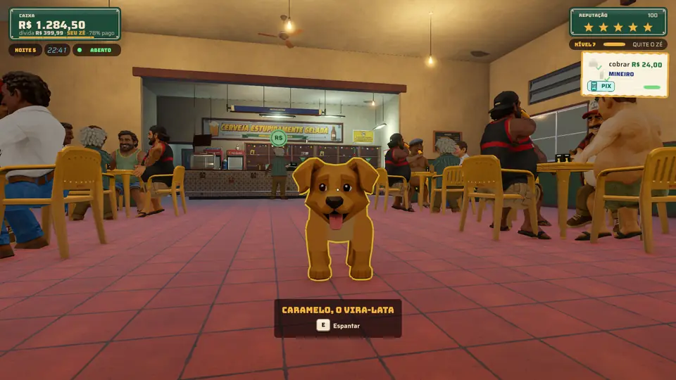 Captura do jogo: o Caramelo, um vira-lata caramelo, no meio do salão cheio.