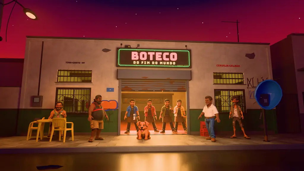 Arte do Boteco do Fim do Mundo: a fachada do boteco à noite, com o letreiro de neon, a porta de enrolar aberta, os quatro barmen na porta, o Caramelo na calçada e os fregueses chegando.